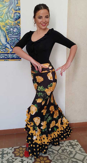 Falda Flamenco Negra Estampada de Flores y Lunares Amarillos