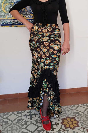 Falda Flamenco negra Estampada con Flores y Hojas