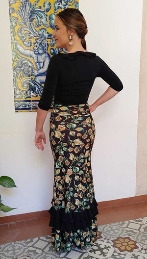 Falda Flamenco negra Estampada con Flores y Hojas
