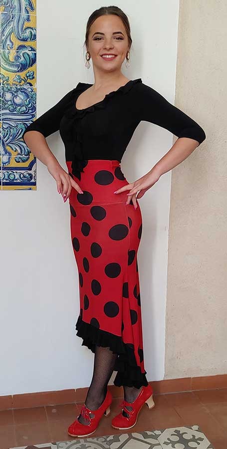 Jupe de flamenco rouge à pois noirs