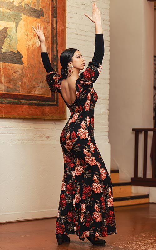 Vestido flamenco Giralda negro con estampado de claveles