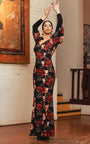 Vestido flamenco Giralda negro con estampado de claveles