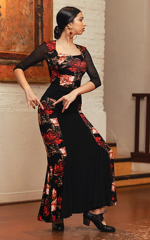 Falda flamenco larga Azabache negra combinada con estampado de claveles