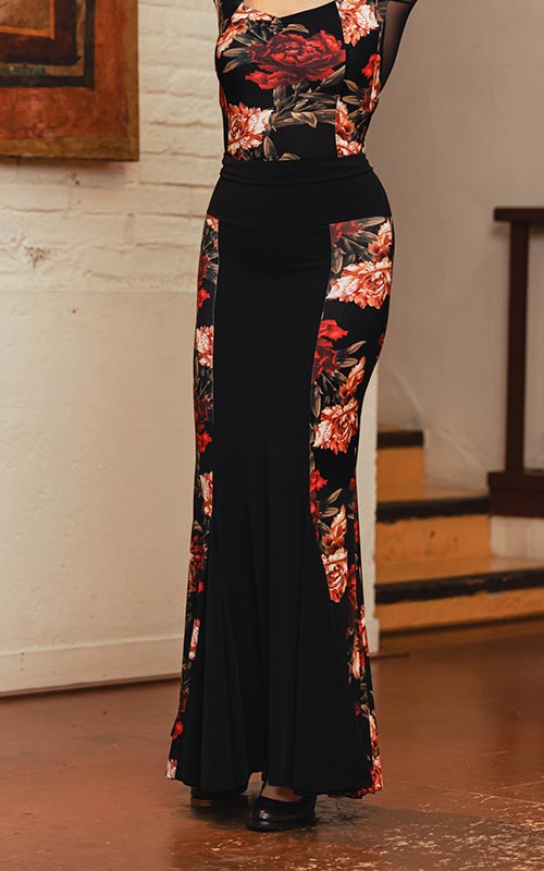 Falda flamenco larga Azabache negra combinada con estampado de claveles