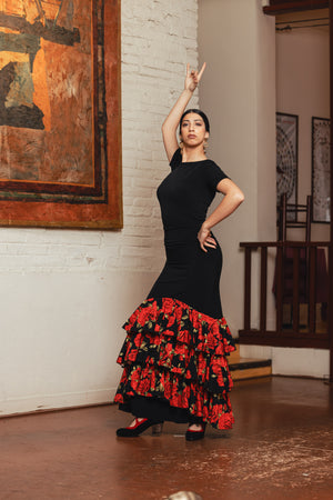 Falda flamenco Jerez con 3 volantes inclinados de crespón estampados