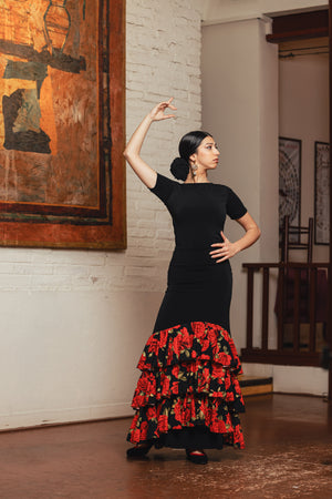 Falda flamenco Jerez con 3 volantes inclinados de crespón estampados