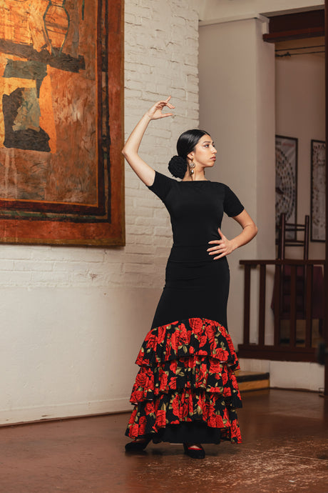 Falda flamenco Jerez con 3 volantes inclinados de crespón estampados