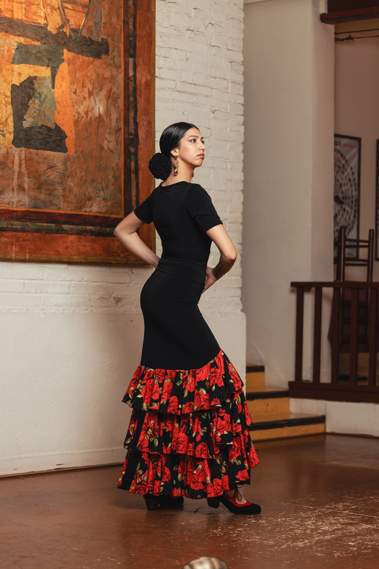 Falda flamenco Jerez con 3 volantes inclinados de crespón estampados