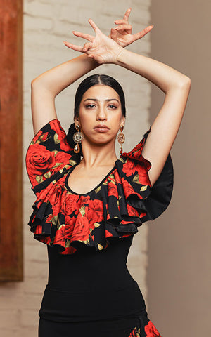Top flamenco negro Almanzora con escote redondo y volantes de crespón