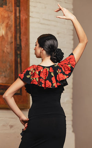 Top flamenco negro Almanzora con escote redondo y volantes de crespón