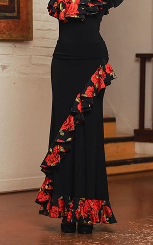 Falda flamenco larga Tarante negra con volante inclinado y en el bajo