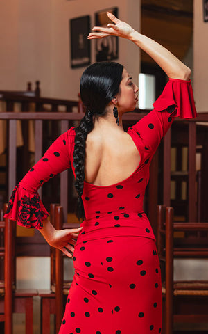 Top Soniquete de punto elástico estampado rojo con lunares y flores negras