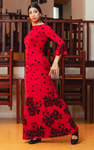 Falda flamenco larga roja modelo Morente con fajín y volantes en el godet