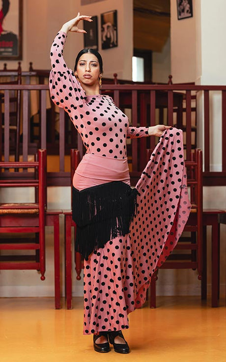 Falda flamenco Lebrija rosa con lunares negros