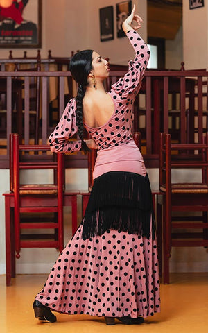 Falda flamenco Lebrija rosa con lunares negros