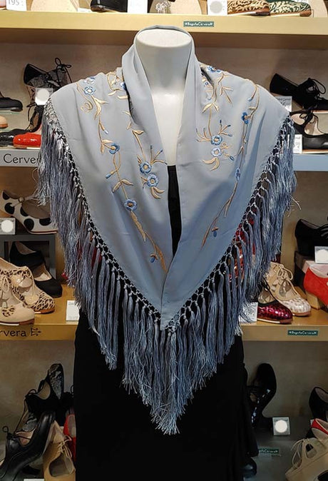 Petit Châle Gris Brodé de Fleurs et Roses 130 cm.