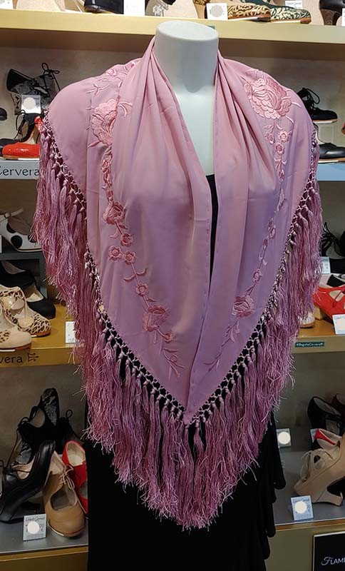 Pink Shawl Embroidered with Flowers and Roses in Tone 140 cm.
