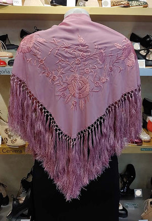 Pink Shawl Embroidered with Flowers and Roses in Tone 140 cm.