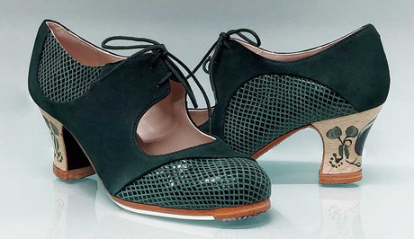 Chaussure de danse flamenco professionnelle en daim vert et peau de serpent fantaisie