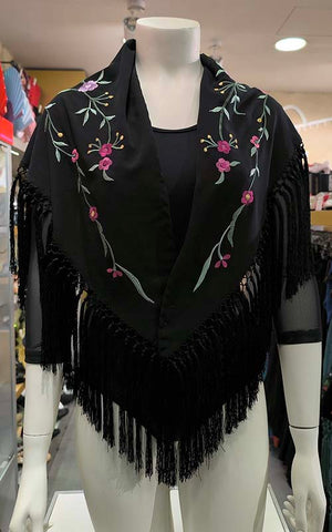 Mantoncillo negro bordado con flores y rosas de colores 125 cm.