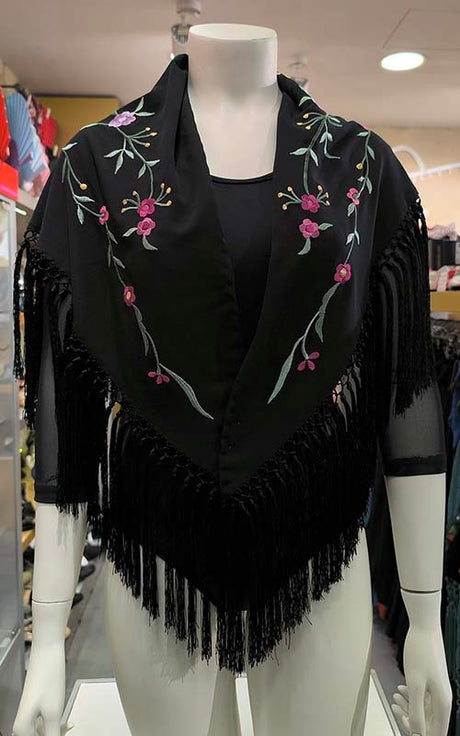 Mantoncillo negro bordado con flores y rosas de colores 125 cm.
