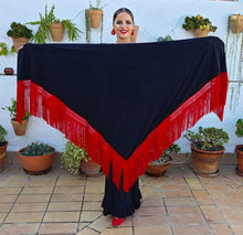Black shawl with red double-woven fringe.