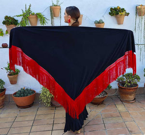 Mantón En Pico Negro Con Flecos Rojos Doble Tejido
