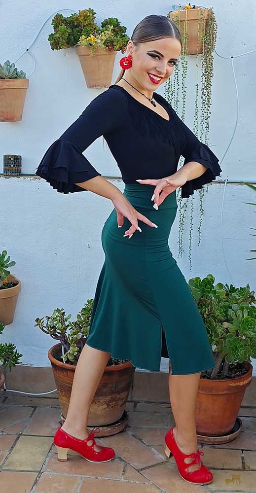Short Flamenco Skirt in Bottle Green Lycra Knit