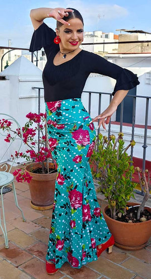 Falda Flamenco Verde Esmeralda Estampada de Flores