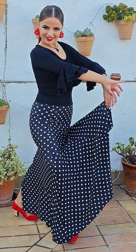 Jupe flamenco noire à pois blancs, ajustée jusqu'à mi-cuisse