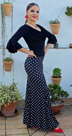 Falda Flamenco Negra Con Lunares Blancos Entallada a Medio Muslo