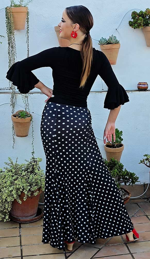 Falda Flamenco Negra Con Lunares Blancos Entallada a Medio Muslo