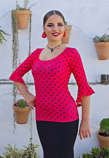 Top Flamenco Rojo Coral Con Lunares Negros