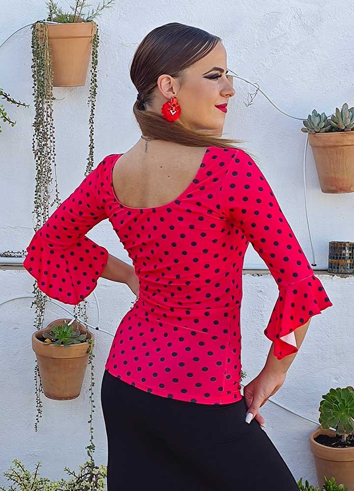 Coral Red Flamenco Top with Black Polka Dots