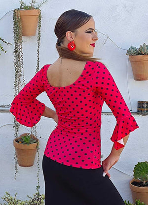Coral Red Flamenco Top with Black Polka Dots
