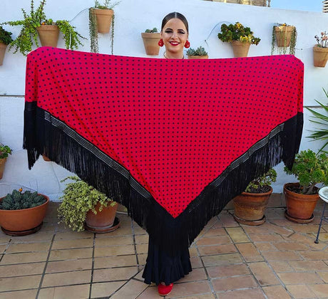 Châle rouge à pois noirs et franges noires, double tissage
