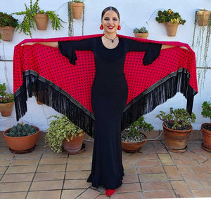Mantón En Pico Rojo Lunar Negro Con Flecos Negros Doble Tejido