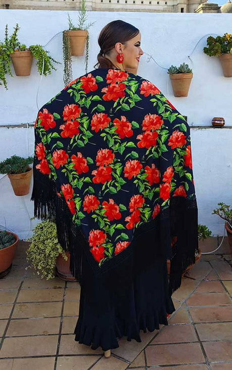 Châle à imprimé floral et franges noires, double tissage
