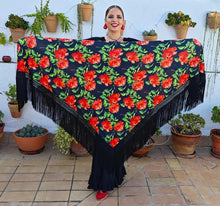 Mantón En Pico Estampado de Flores Con Flecos Negros Doble Tejido