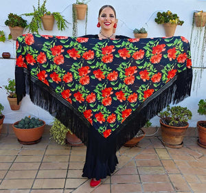 Mantón En Pico Estampado de Flores Con Flecos Negros Doble Tejido