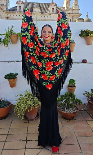 Mantón En Pico Estampado de Flores Con Flecos Negros Doble Tejido