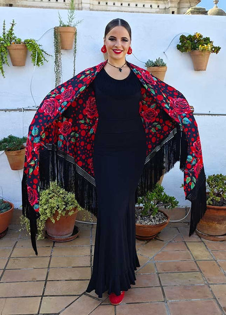 Châle à visière en tissu double avec imprimé floral et à pois et franges noires