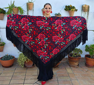 Mantón En Pico de Doble Tejido Estampado de Flores y Lunares Con Flecos Negros