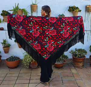 Mantón En Pico de Doble Tejido Estampado de Flores y Lunares Con Flecos Negros