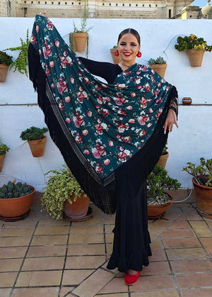Mantón En Pico Verde de Doble Tejido Estampado de Flores con Flecos Negros