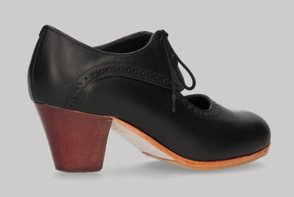Chaussure de danse flamenco professionnelle, cuir noir et lacets