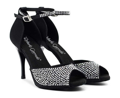 Chaussure de danse de salon et de tango noire avec strass en cristal sur la tige