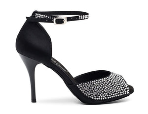 Chaussure de danse de salon et de tango noire avec strass en cristal sur la tige