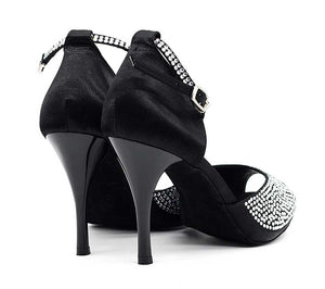 Chaussure de danse de salon et de tango noire avec strass en cristal sur la tige