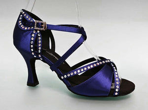 Chaussure de danse de salon bleu violet avec strass en cristal sur la tige et le talon